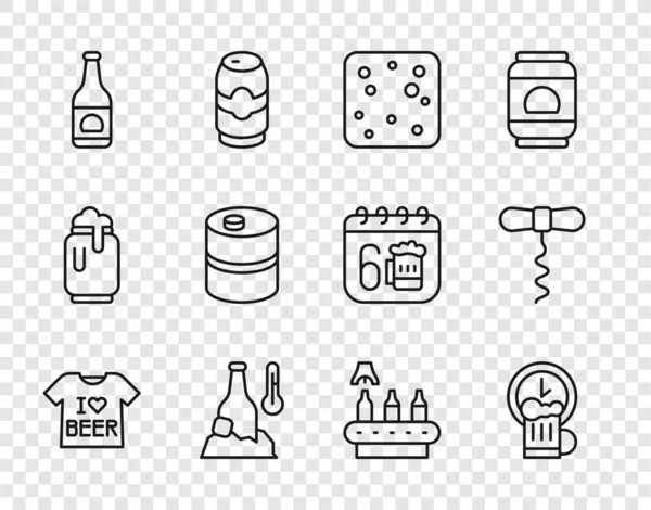 Set linea birra T-shirt, happy hour, bolle, bottiglia di birra fredda, fusto di metallo, nastro trasportatore, e l'icona cavatappi vino. Vettore — Vettoriale Stock