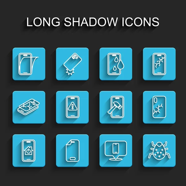 Définir la ligne Mobile avec maison intelligente, Protecteur d'écran en verre, Service de réparation de téléphone, bug du système, point d'exclamation, cassé et icône. Vecteur — Image vectorielle