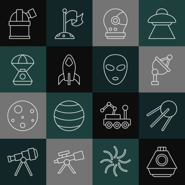 Uzay kapsülü, uydu kapsülü, çanak, astronot miğferi, roket gemisi, astronomik gözlemevi ve uzaylı simgesi. Vektör