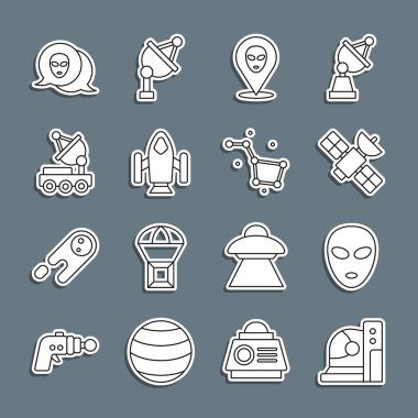 Çizgi çizgisi Astronot miğferi, Yaratık, Uydu, Roket gemisi, Mars gezgini ve Büyük Ayı takımyıldızı ikonu. Vektör