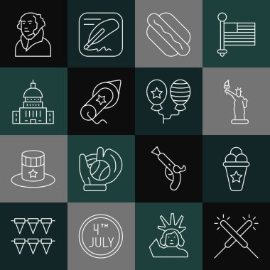 Havai fişek, waffle külahında dondurma, Özgürlük Heykeli, Hotdog sandviçi, Havai fişek, Beyaz Saray, George Washington ve Balon ikonu. Vektör