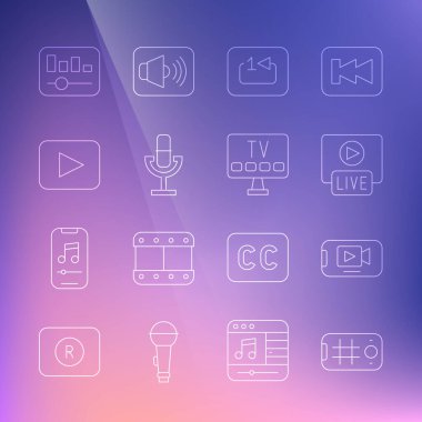 Selfie satırını mobil, Online play video, Live stream, Tekrarlayan müzik çalar, Mikrofon, Çal düğmesi, Müzik eşitleyici ve Smart Tv simgesinden ayarla. Vektör