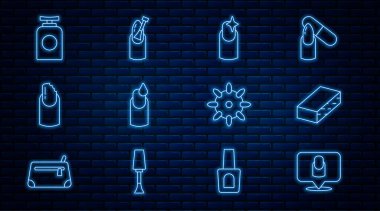 Sıra manikür, manikür, manikür, kırık tırnak, el kremi tüpü, sahte tırnaklar ve ikon. Vektör