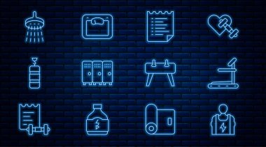 Vücut geliştirici, koşu bandı, spor eğitim programı, soyunma odası, kum torbası, duş torbası, Pommel atı ve banyo terazisi ikonu. Vektör