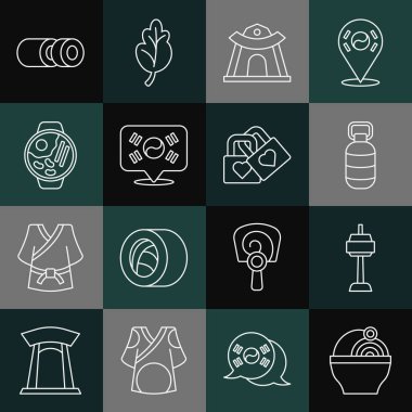 Güney Kore 'deki Ramen, N Seul Kulesi, Kore feneri, tapınak, konum, kalp ikonlu suşi ve kilit hattı. Vektör