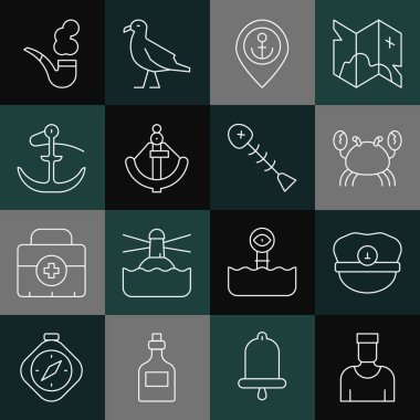 Sailor Captain, Captain hat, Crab, çapa, dayanak noktası, sigara piposu ve ölü balık ikonu. Vektör