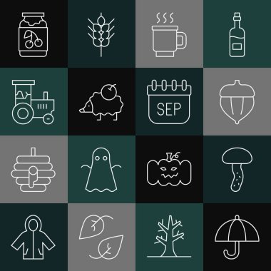 Şemsiye, mantar, meşe palamudu, çay fincanı, kirpi, traktör, reçel kavanozu ve eylül ayının sonbahar ikonu. Vektör