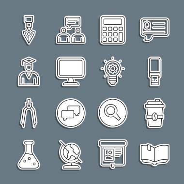 Açık hat, paket kahve fincanı USB flash disk, hesap makinesi, bilgisayar monitörü, mezuniyet şapkası, fıskiye ucu ve ampul ikonu. Vektör