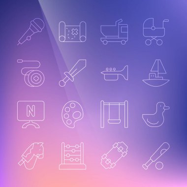 Beyzbol sopası, top, lastik ördek, oyuncak tekne, kamyon, kılıç oyuncağı, Yoyo, mikrofon ve trompet ikonu. Vektör