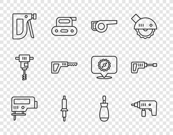 Set line Elektrische decoupeerzaag, boormachine, bladtuinblazer, soldeerbout, Bouw nietmachine, Reciprocating, Schroevendraaier en roterende hamer icoon. Vector — Stockvector