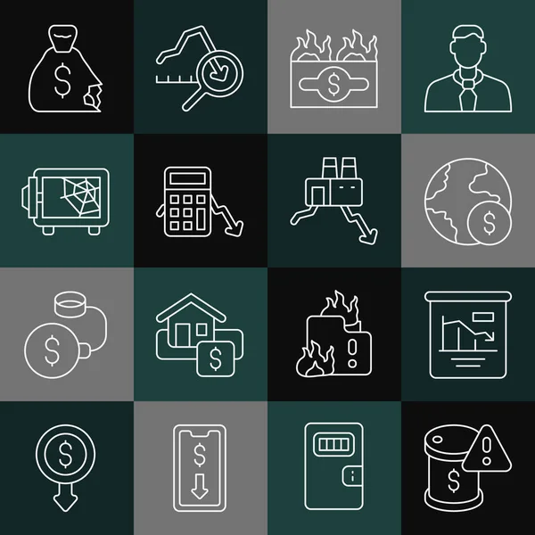 Ställ in linje Nedgång i råoljepriset, Pie diagram infographic, Global ekonomisk kris, Brännande dollarsedel, Beräkning av utgifter, Säker, Pengar väska och avstängning fabriksikonen. Vektor — Stock vektor