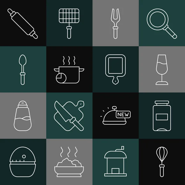 Set line Keuken garde, Jam pot, Wijnglas, Barbecue vork, Kookpot, Theelepel, Rolling pin en snijplank icoon. Vector — Stockvector