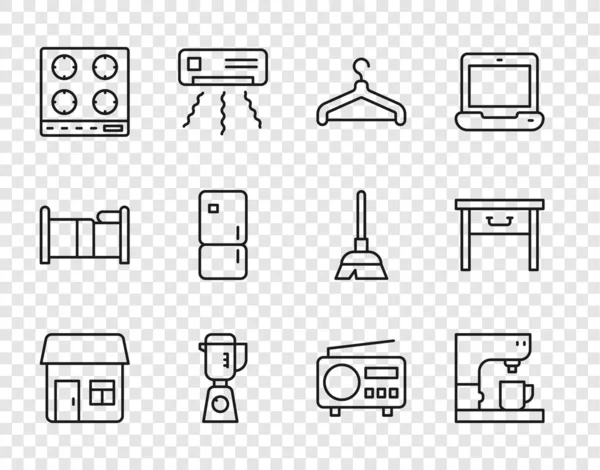 Set hattı House, kahve makinesi, elbise dolabı, blender, gaz ocağı, buzdolabı, radyo ve mobilya komodininin ikonu. Vektör — Stok Vektör