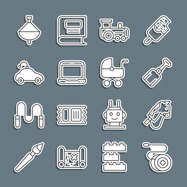 Set line Yoyo toy, Toy horse, Shovel, train, Laptop, Radio controlled car, Whirligig and Baby stroller icon. Vector — Stock Vector