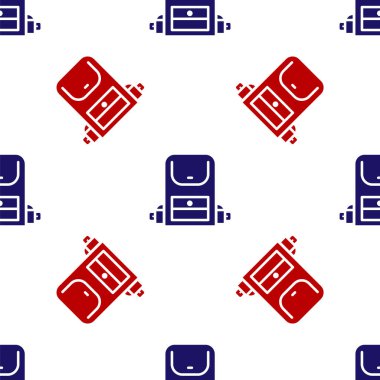 Mavi ve kırmızı Yürüyüş sırt çantası ikonu beyaz arka planda izole edilmiş kusursuz desen. Kamp ve dağ gezisi sırt çantası. Vektör