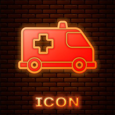 Parlayan neon ambülans ve acil durum arabası simgesi tuğla duvar arkasında izole edildi. Ambulans aracı tıbbi tahliye. Vektör.