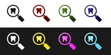 Dişçi arama simgesini siyah ve beyaz arkaplanda izole et. Diş hekimliği kliniği ya da diş hekimliği merkezi için diş sembolü. Vektör