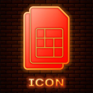 Parlayan neon renkli Sim kart simgesi tuğla duvar arkasında izole edildi. Cep telefonu sim kart çipi. Mobil telekomünikasyon teknolojisi sembolü. Vektör