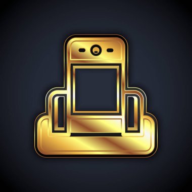 Havaalanı ikonundaki altın metal dedektörü siyah arkaplanda izole edildi. Havaalanı güvenlik görevlisi metal dedektör kontrol noktasında. Vektör