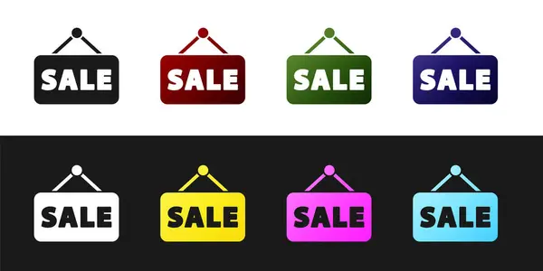 Ange hängande skylt med text Försäljning ikon isolerad på svart och vit bakgrund. Skylt med text Försäljning. Vektor Illustration — Stock vektor