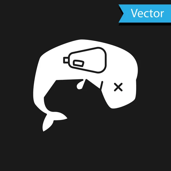 White Environment protection concept whale dead icon isolated on black background (en inglés). Ilustración vectorial — Vector de stock