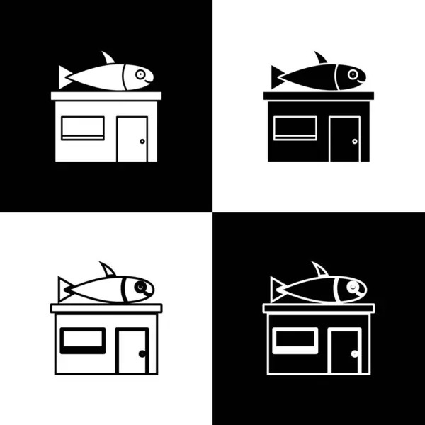 Set Seafood store icon isoliert auf schwarzem und weißem Hintergrund. Fassade des Fischmarktes. Vektor. — Stockvektor