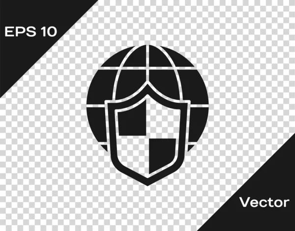 Schwarzes Schild mit Weltkugelsymbol isoliert auf transparentem Hintergrund. Versicherungskonzept. Sicherheit, Sicherheit, Schutz, Privatsphäre. Vektor. — Stockvektor
