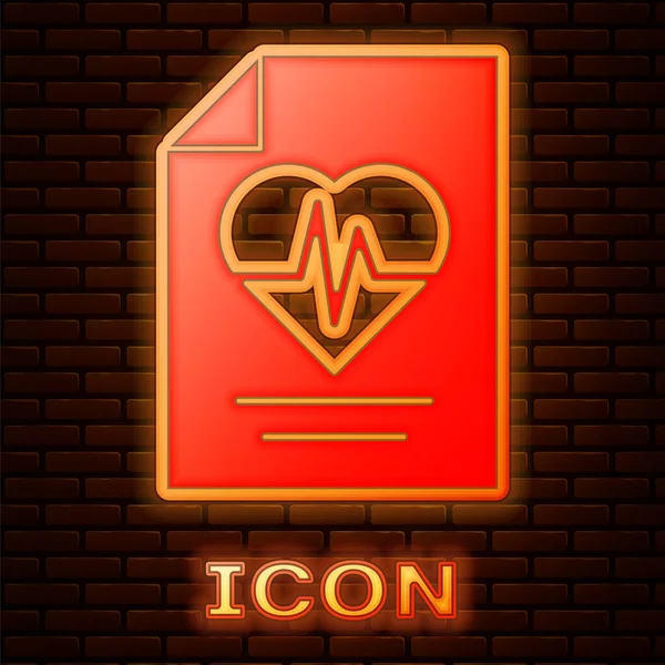 Glowing neon Health insurance icon isolated on brick wall background. Patient protection. Security, safety, protection, protect concept. Vector. — Stock Vector