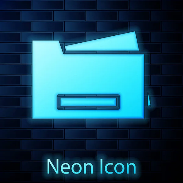 Icono de la impresora de neón brillante aislado en el fondo de la pared de ladrillo. Vector — Vector de stock