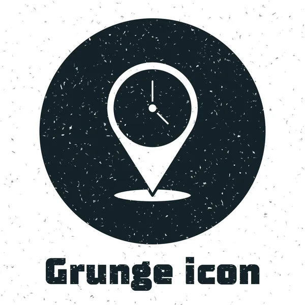 Grunge Localização com o ícone do relógio isolado no fundo branco. Desenho vintage monocromático. Vetor — Vetor de Stock