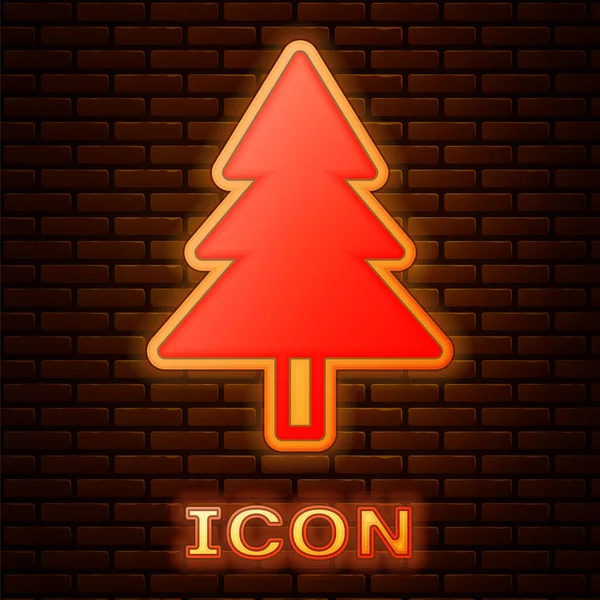Ícone de árvore de Natal neon brilhante isolado no fundo da parede de tijolo. Feliz Natal e Feliz Ano Novo. Vetor —  Vetores de Stock