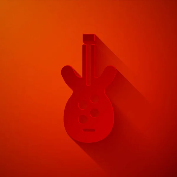 Papel cortado ícone elétrico da guitarra baixo isolado no fundo vermelho. Estilo de arte de papel. Vetor — Vetor de Stock