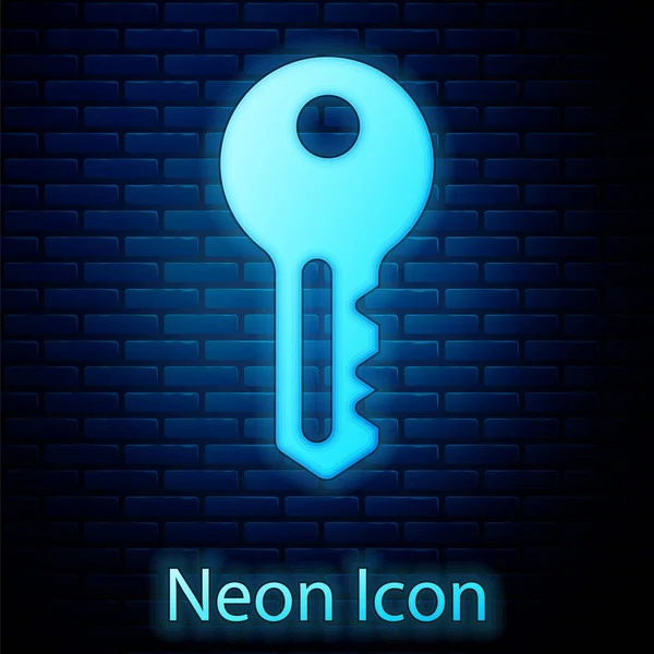 Brilhante ícone da chave da casa neon isolado no fundo da parede de tijolo. Vetor —  Vetores de Stock