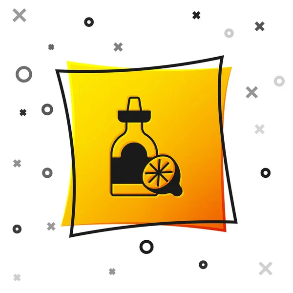 Черная бутылка текилы с лимонной иконой на белом фоне. Мексиканский алкоголь. Желтая квадратная кнопка. Вектор — стоковый вектор
