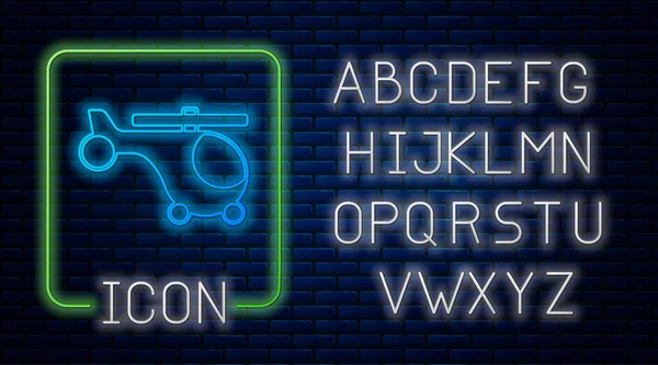 Leuchtende Neon Helikopter Flugzeug Fahrzeug Symbol isoliert auf Backsteinwand Hintergrund. Neonlicht-Alphabet. Vektor — Stockvektor