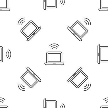 Gri çizgi kablosuz dizüstü bilgisayar simgesi beyaz arka planda kusursuz desen izole etti. İnternet kavramının kablosuz bağlantısı. Vektör