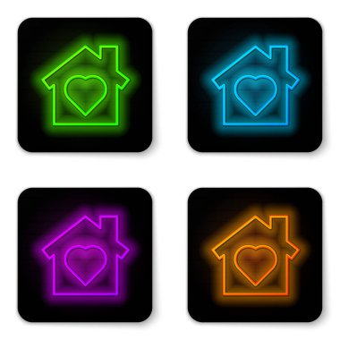 Beyaz arka planda izole edilmiş, içinde kalp olan parlak neon hattı House. Aşk ev sembolü. Aile, emlak ve gayrimenkul. Siyah kare düğme. Vektör.