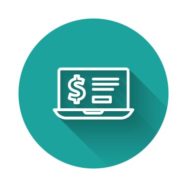 Dolar simgesine sahip beyaz çizgi dizüstü bilgisayar uzun gölge arkaplanlı. Dünyanın her yerine para göndermek, para transferi, online bankacılık, finansal işlemler. Yeşil daire düğmesi. Vektör