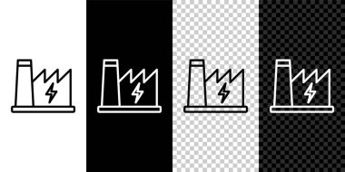 Nükleer enerji santrali simgesini siyah beyaz, şeffaf arkaplanda izole et. Enerji endüstrisi konsepti. Vektör