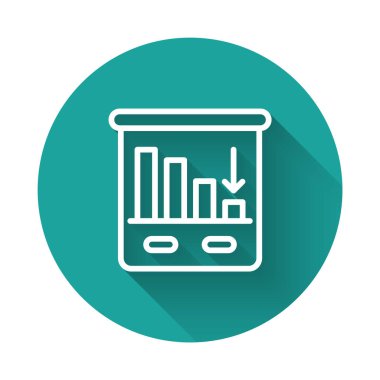 Beyaz çizgi pasta şeması bilgi simgesi uzun gölge arkaplanı ile izole edildi. Diyagram çizelgesi. Dünya finans krizi. Yeşil daire düğmesi. Vektör