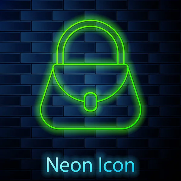 Leuchtende Neon-Linie Handtasche Symbol isoliert auf Backsteinwand Hintergrund. Weibliches Handtaschenschild. Glamour-Casual-Bag-Symbol. Vektorillustration — Stockvektor