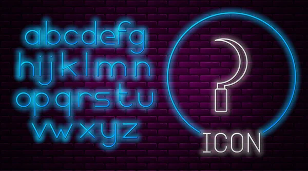 Gloeiende neon lijn Sikkelpictogram geïsoleerd op bakstenen muur achtergrond. Haakbord oogsten. Neon licht alfabet. Vector — Stockvector