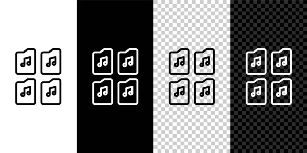 Définir la ligne Fichier de musique icône de document isolé sur fond noir et blanc. Format de fichier audio de forme d'onde pour les fichiers audio riff numériques. Vecteur — Image vectorielle