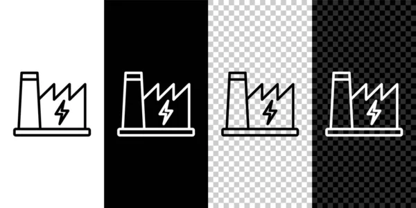 Set baris ikon pembangkit listrik tenaga nuklir terisolasi pada latar belakang hitam dan putih, transparan. Konsep industri energi. Vektor - Stok Vektor