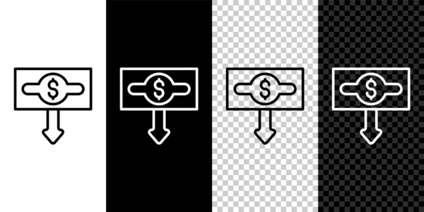 Nastavit řádek Dolar snížení rychlosti ikona izolované na černobílém, průhledném pozadí. Snížení nákladů. Symbol peněz se šipkou dolů. Obchody prodělaly krizi. Vektor — Stockový vektor