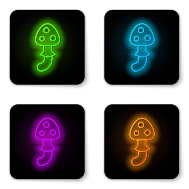 Parlayan neon hattı Psilocybin mantar ikonu beyaz arkaplanda izole edildi. Psikedelik halüsinasyon. Siyah kare düğme. Vektör
