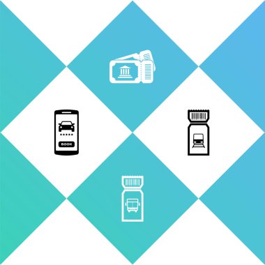 Çevrimiçi araba paylaşımı, otobüs bileti, Müze ve Tren simgesi. Vektör