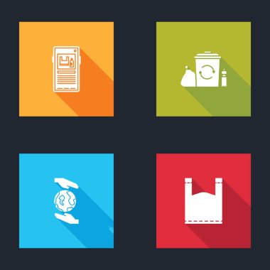 Plastik kirliliği durdur, geri dönüşümlü geri dönüşüm kutusu, Dünya 'yı tutan eller ve plastik torba ikonu. Vektör