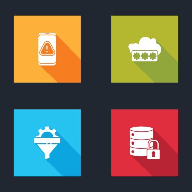 Mobil ünlem işareti, şifre koruması, huni teçhizatı ve sunucu güvenlik kilidi ikonu ile ayarla. Vektör