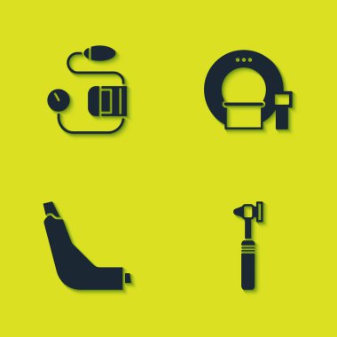 Tansiyonu ayarla, tıbbi otoskop aleti, astım spreyi ve tomografi ikonu. Vektör